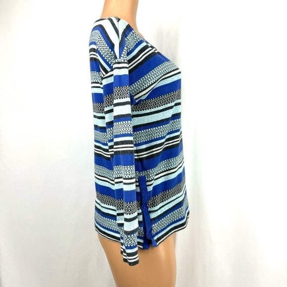 T By Talbots Womens Sz M Blue Gray Striped Button Sides 100% Cotton Knit Sweater - Picture 5 of 12
